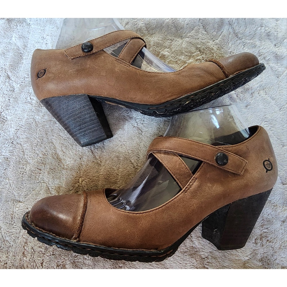 Born Varrow Brown Nubuck Leather Mary Jane Cap Toe Chunky Heels Womens 10
